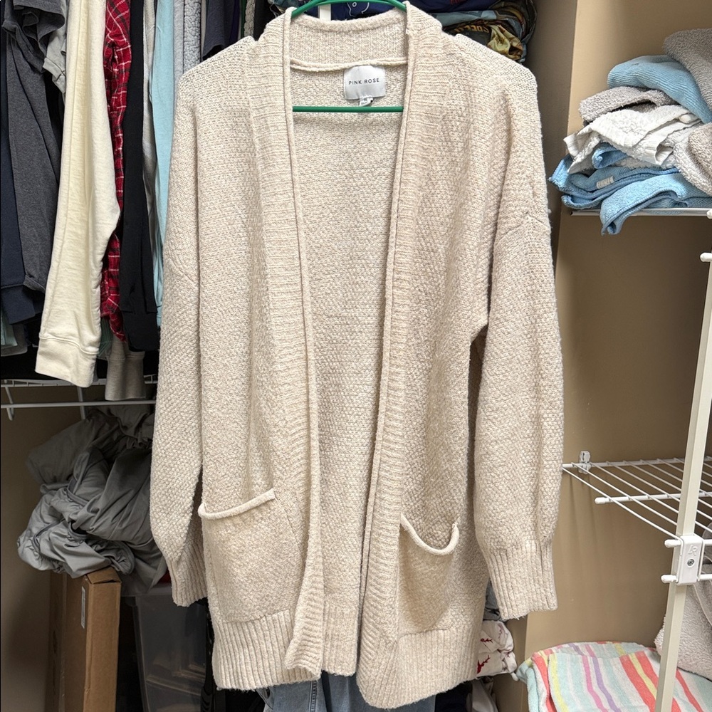 Pink Rose Cream Open-Front Knit Cardigan with Pockets